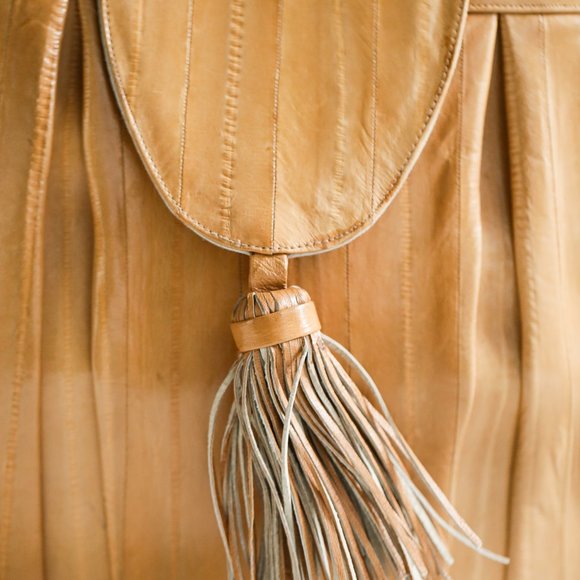 Light Camel Eel Skin Leather Oval OOAk Unique Tote - Picture 4 of 11